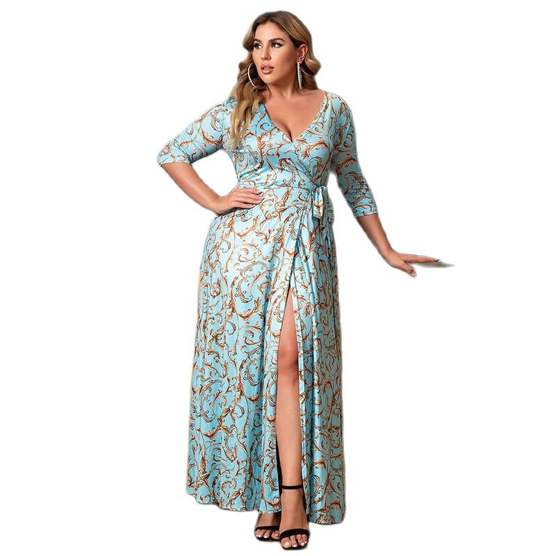 

Plus Size Evening Dresses Summer Sexy V Neck Short Sleeve Printed A Line Light Blue Party Prom Dress Robe De Mariée In Stock, Light sky blue