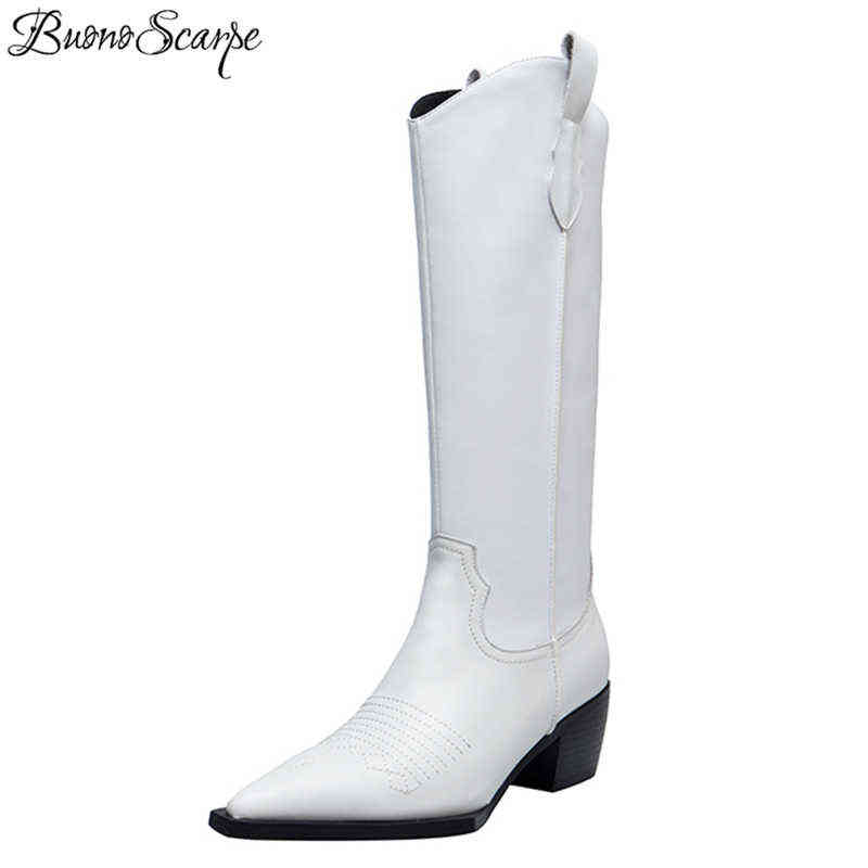 

Buono Scarpe Retro Western Cowboy Long Boots Embroidery Pointed Toe Shoes Female Leather Bota, White