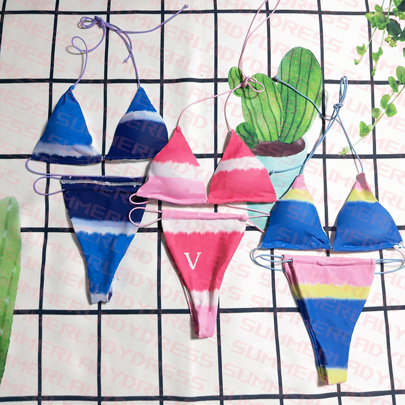 

Gradient Color Womens Swimwear Sexy Small Bikini Set Summer Elastic Thong Swimsuit Letter Printed Beachwear, Pink