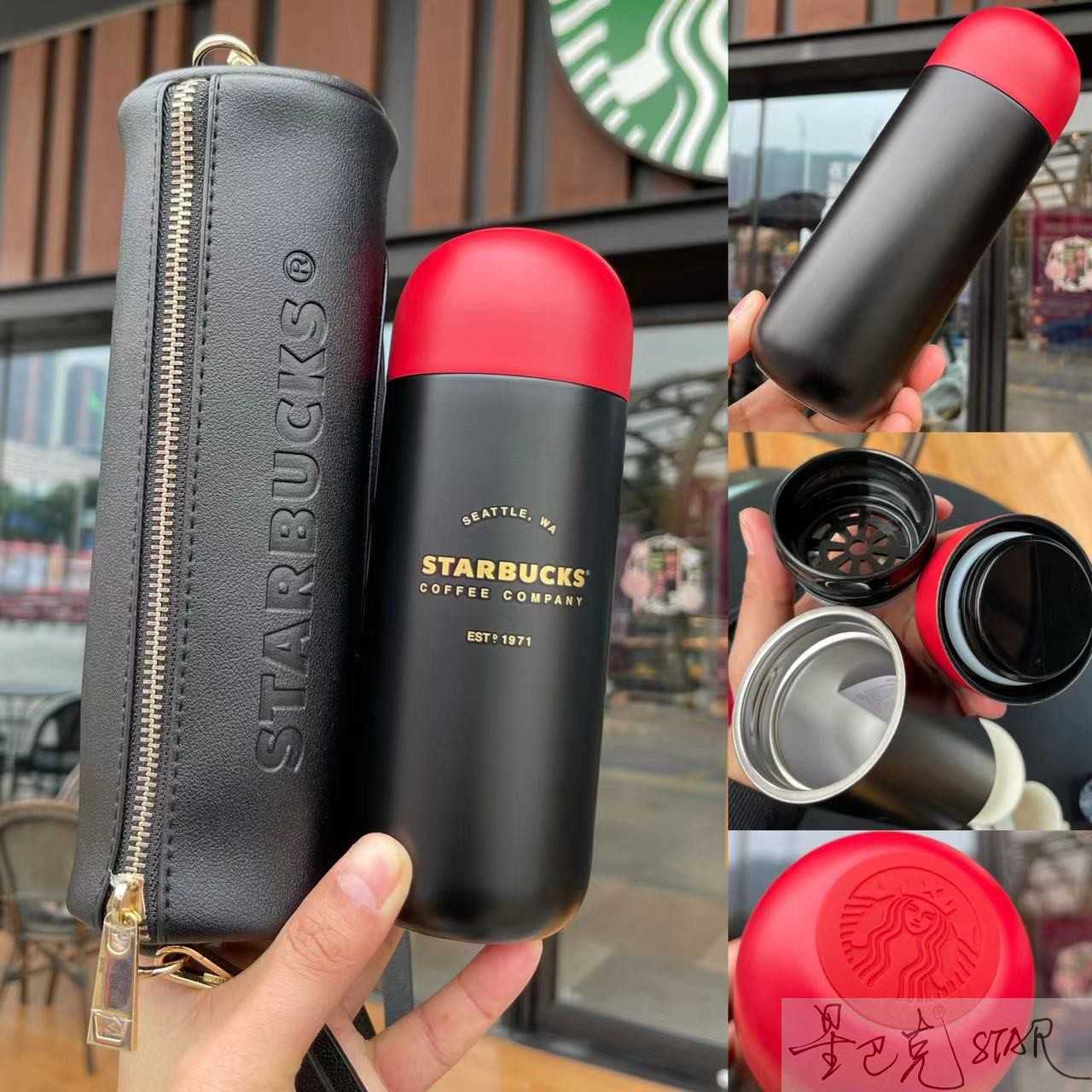 Starbucks cup 360ml black red stainless steel capsule cup thermal insulation accompanying cup bag high color value outdoor portable-image-761115051