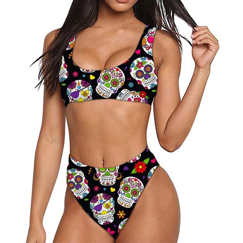 

Teen Girls Summer Bathing Suit Cute Sugar Skull Print Sport Crop Top Bikini Set Women Swimsuit Swimming Suits Ladies Swimwear 220616, Custom z48