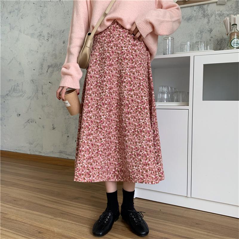 

Skirts HziriP 2022 Spring Autumn Vintage Corduroy Floral Women Skirt Elastic Waist Gentle All-Match A-Line Casual Female, Black