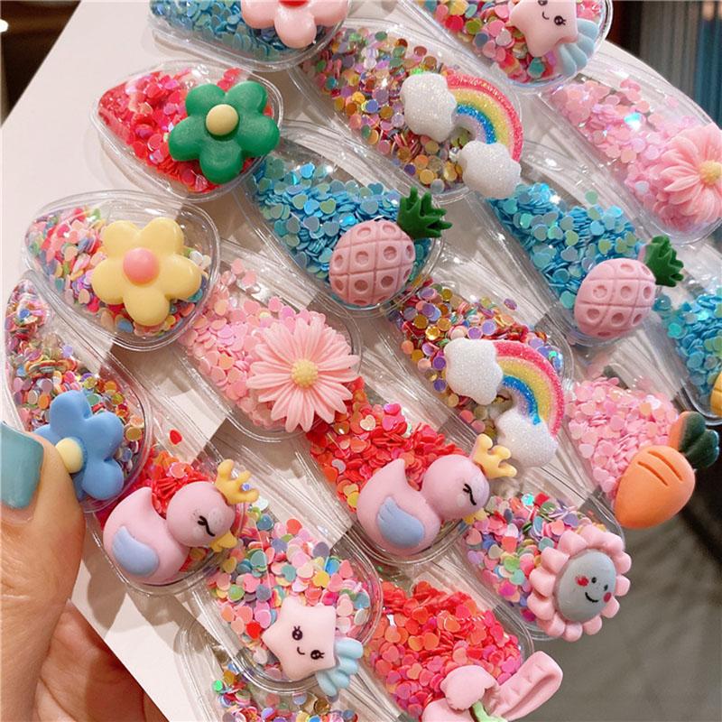 

Hair Accessories 10pcs Cute Fruit Quicksand Snap BB Clips Girls Colorful Rainbow Animal Hairpins Kids Grip Side Barrettes School Headwear, Slivery;white