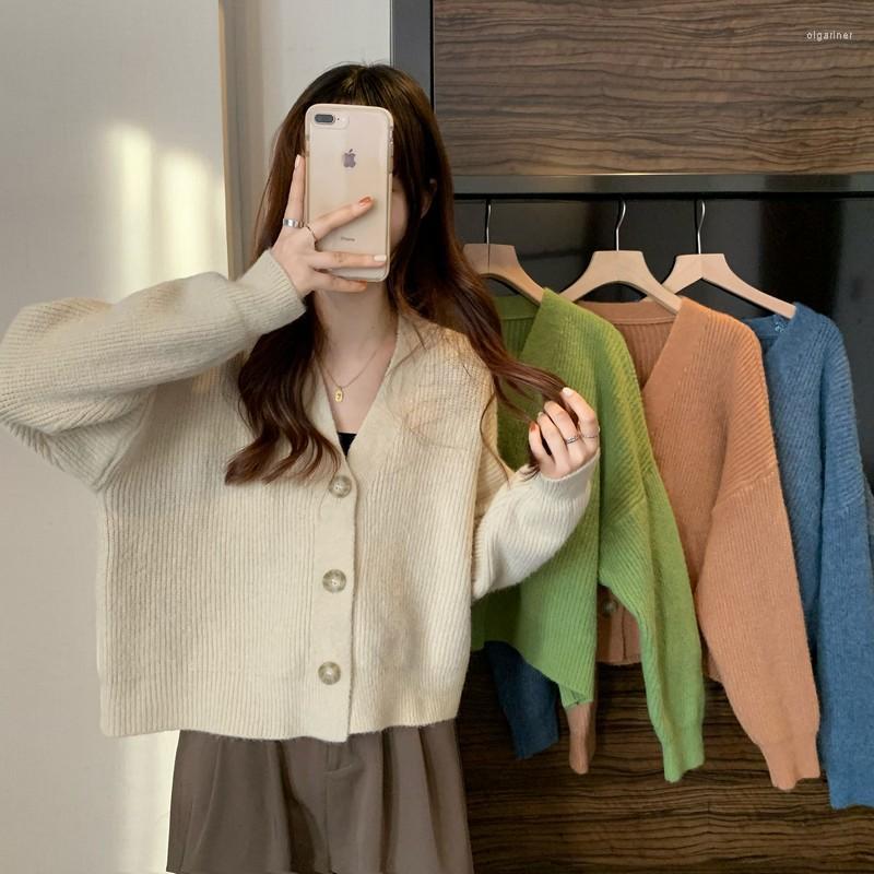

Women' Knits & Tees V-neck Loose Solid Sweater Japanese Ladies Trench Coat Women' Jacket Lazy Style Cardigan Button Knitted JacketWome, Green
