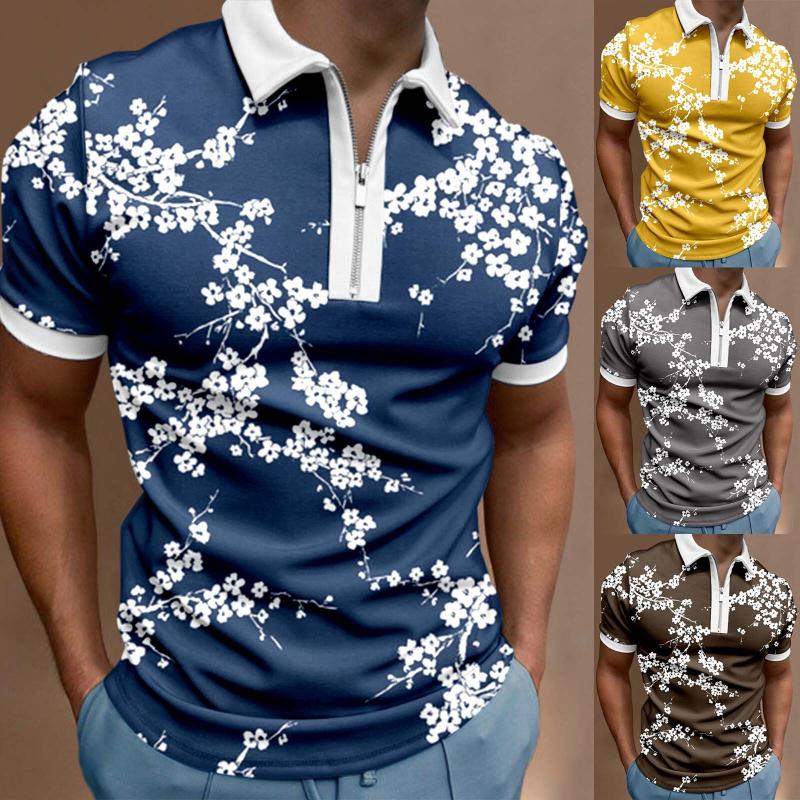 

Men's Polos Tall Mens T Shirts Only Male Summer Casual Flower Print Zipper Turn Down Collar Blouse White Silver Purple Workout ShirtMen's, Blue