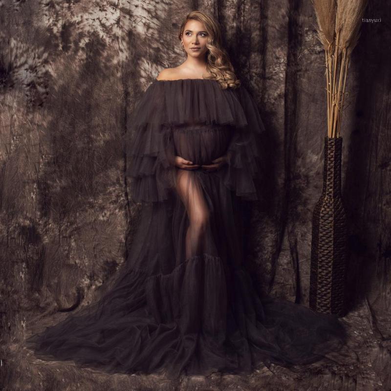 

Casual Dresses Elegant Tulle Maternity Dress For Poshoot Or Babyshower Off Shoulder Sheer Ruffled Long Bridal Robes Dressing Gowns, Auburn