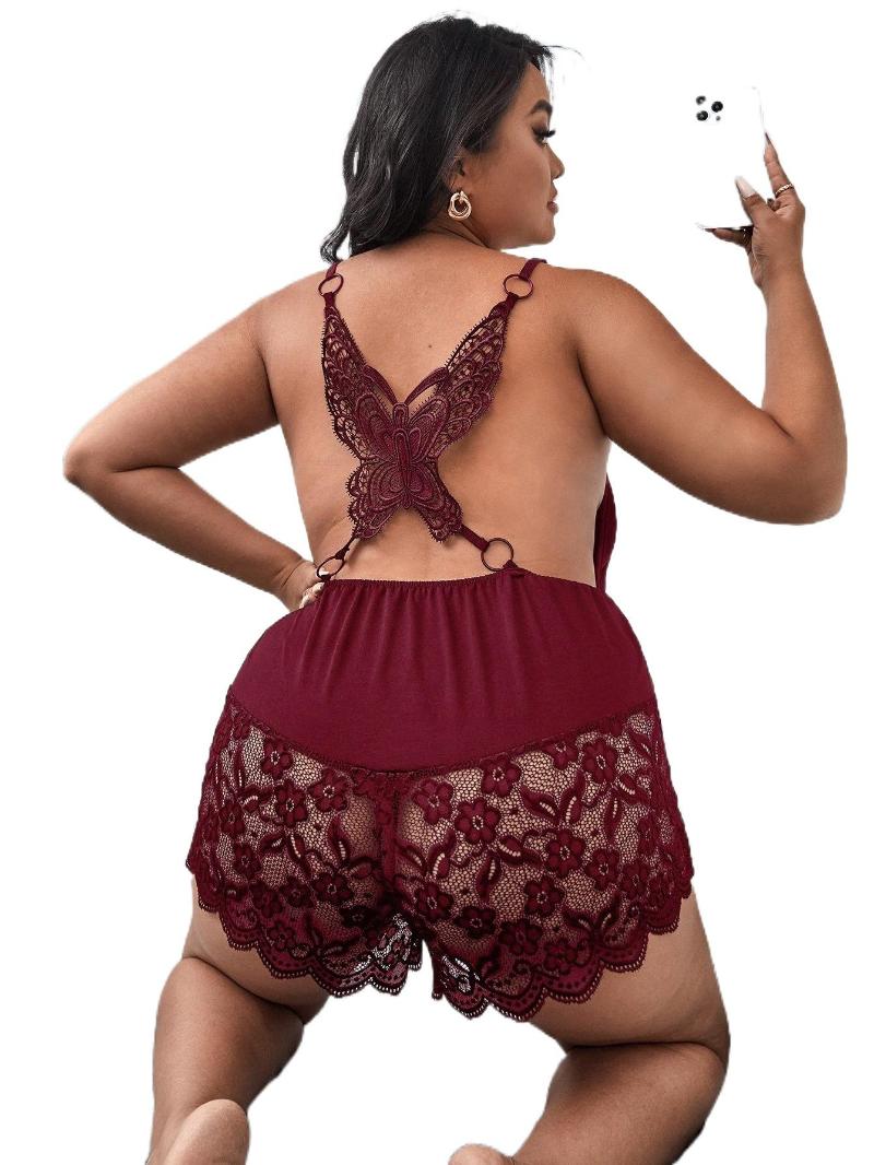 

Women's Plus Size Underwear Contrast Lace Backless Ring Linked Sleep Romper M95q#Women's, Black