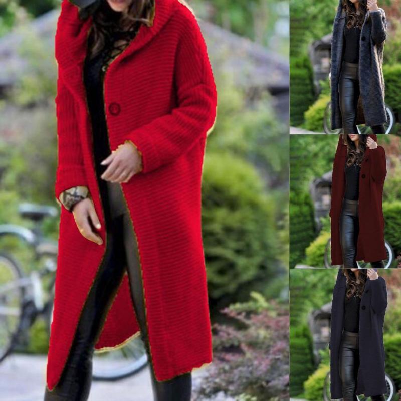 

Women's Knits & Tees Solid Color Long Sleeve Knitted Cardigan Autumn Winter Hooded Two Buttons Loose Sweater Outerwear, White