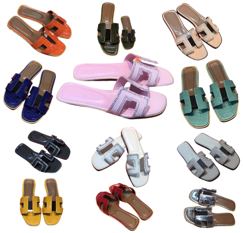 

Classic multi-color lychee pattern one line womens slippers Flat Slipper Fashion Diamond twinkling Genuine Leather Summer Slippers Ladies Beach Lazy Size 35-42, Box