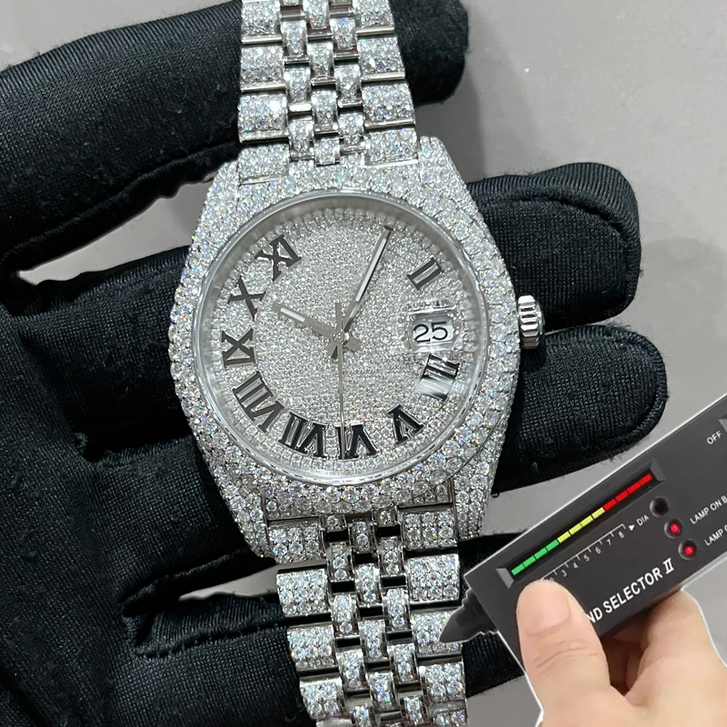 2022 New version Silver Moissanite Diamonds date Watch PASS TEST ETA movement Mechanical just for Men Luxury Full Iced Out waterproof Watches box in