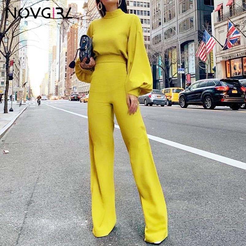 

Novgirl Elegant Lantern Sleeve Jumpsuit Women Autumn Open Back Zipper Wide Leg Sexy Rompers Office Lady Workwear Overalls, Yellow