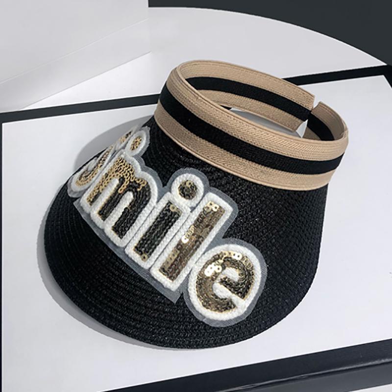 

Wide Brim Hats Women Summer Visors Sun Hat Smile Letter Sequins Large Beach Straw Chapeau Femme UV Protection Empty Cap, White