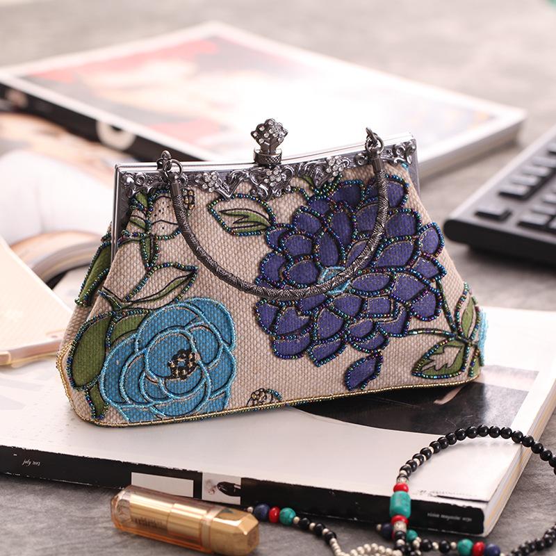 

Evening Bags Vintage Blue Women Bag Linen Beaded Embroidery Handbag Clutch Party Purse Makeup Flowers Shoulder XST7566-C, Black