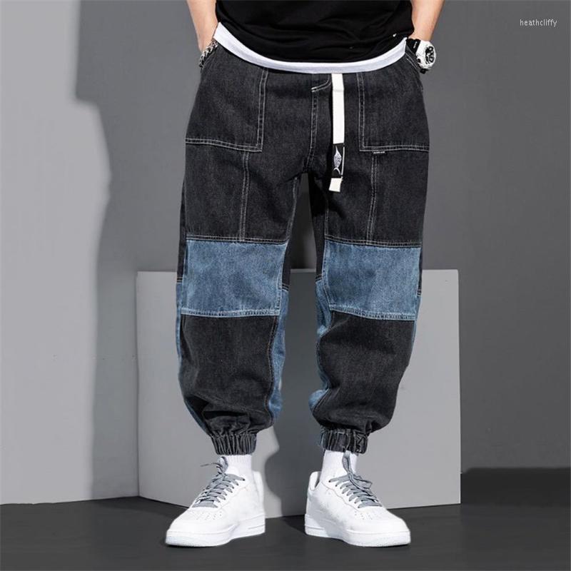 

Men' Jeans Men' Cargo Pants 2022 Hip-Hop Style Loose Elastic Waist Washed Denim Patchwork Streetwear Leisure Pantalons Pour HommesMen, Black and blue
