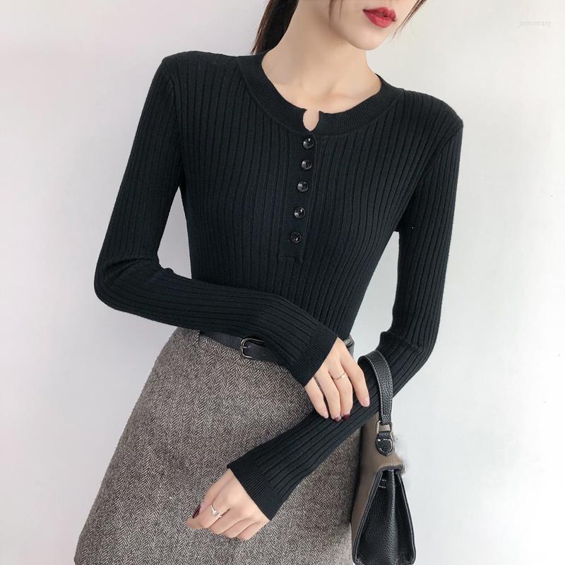 

Women's Sweaters Women Slim Long Sleeve Pullovers Sweater Fall Winter O-Neck Solid Knitted Button Sexy Elegant Buttons Casual Jumper Jemi22, Black