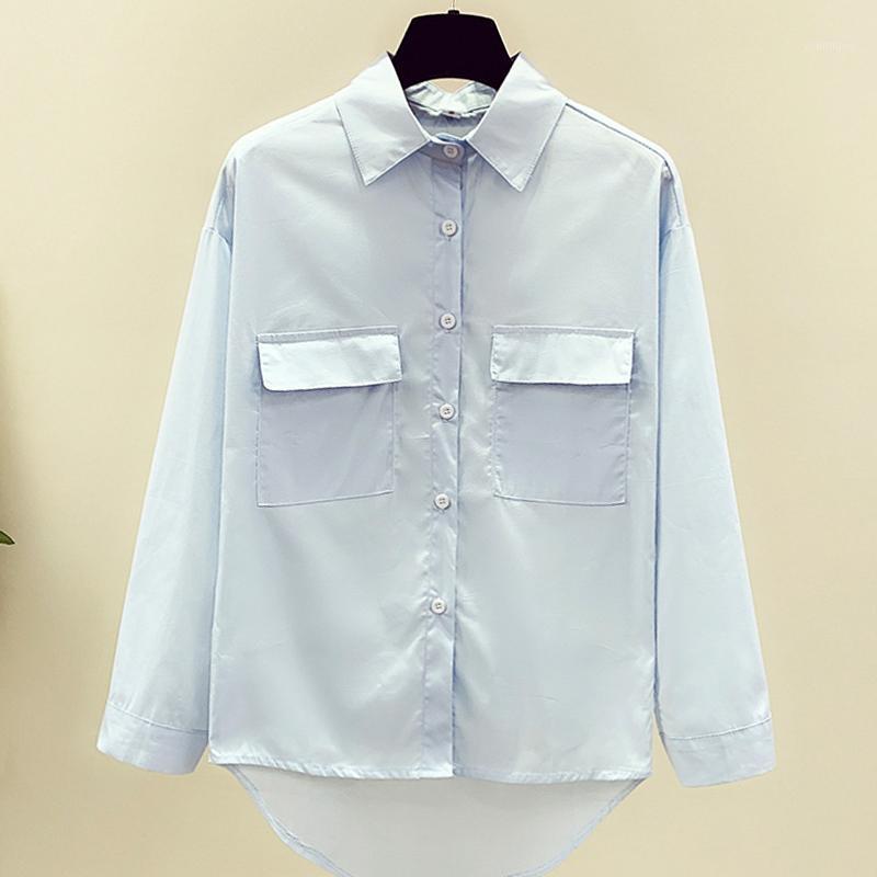 

Women Clothes Blouse Turn-Down Collar Long Sleeve Button Up Shirt White Top Cotton Female Shirts Office Lady Blusa Femenina Ropa Women' Blo, Light blue