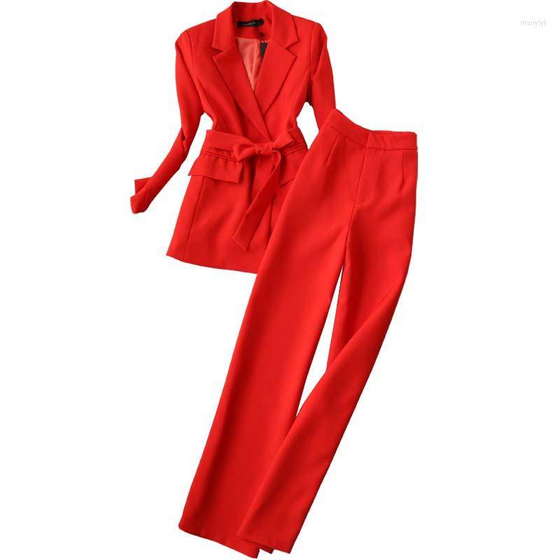 Pantalon deux pièces femme bureau dame vêtements de travail professionnels pantalons costumes femmes costume rouge ensembles femme mode Slim Blaz