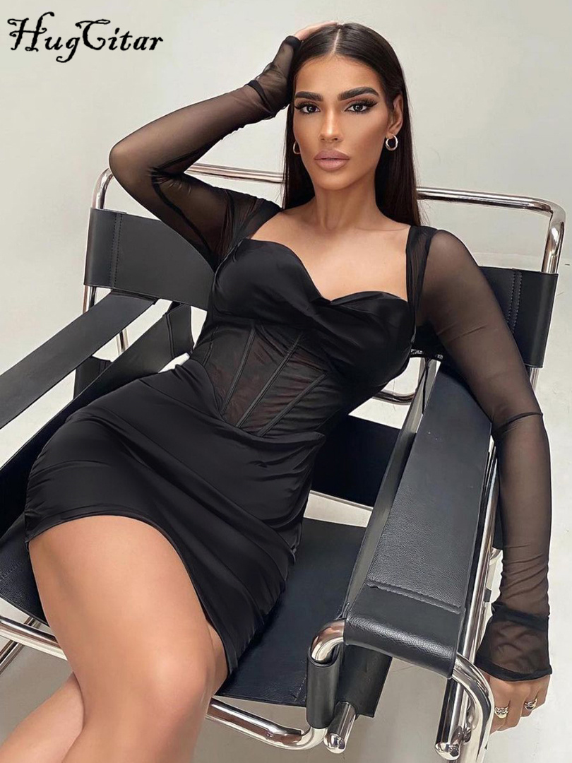 

Solid With Integrated Corset Long See Through Sleeves Sexy Mini Dress 2022 Fall Party Club Elegant Streetwear Outfit, Black