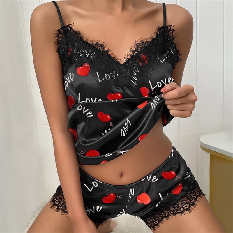 

Womens Sleepwear Sexy Satin Pajama Set Black Lace V-neck Pyjamas Sleeveless Cute Cami Top And Shorts Breathable Lingerie, Red love