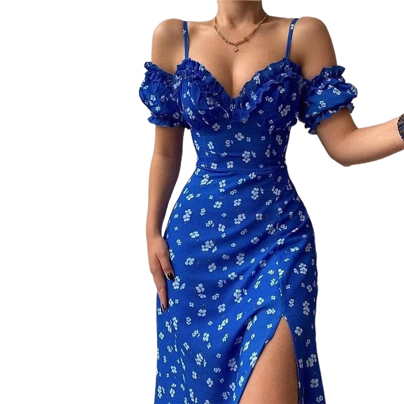women's Bodycon Midi Dress Blue Red Light Blue Sleeveless Floral Backless Split Print Spring Summer Spaghetti Strap Elegant Vacation Sexy 2022