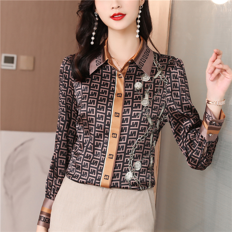 

2022 Fashion Silk Print Brown Shirt Women Long Sleeve Lapel Button Designer Blouses Spring Autumn Office Ladies Shirts Runway Woman Clothes Blouse Elegant Tops
