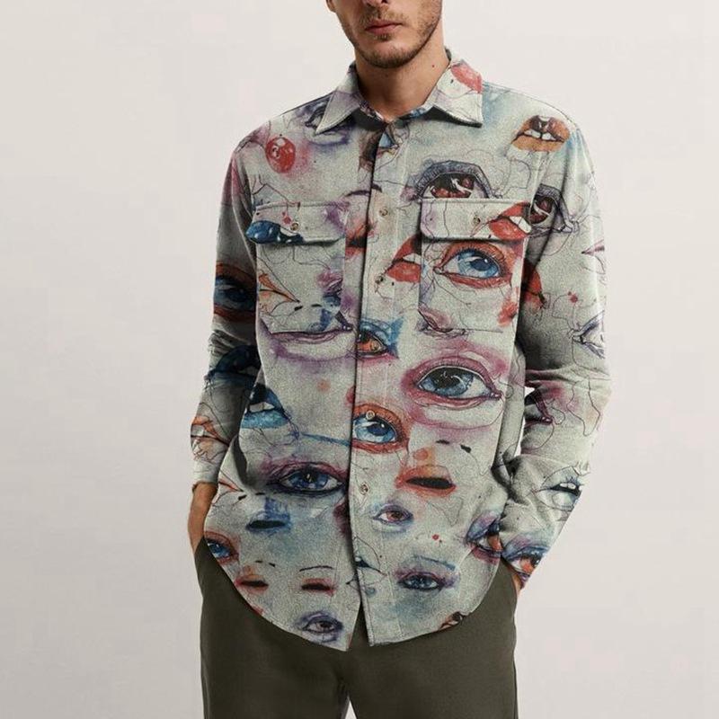 

Men's Jackets Harajuku Pattern Print Button-up Cardigan Tops Men Casual Turndown Collar Streetwear 2022 Spring Long Sleeved Mens Coat, Black;brown