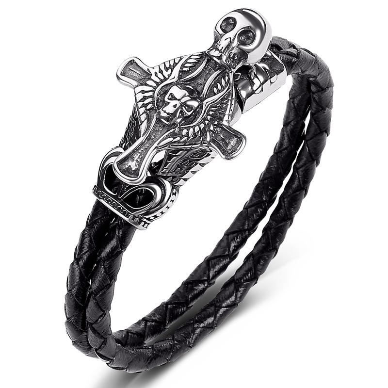 

Charm Bracelets Fashion Leather Bracelet Men Party Jewelry Punk Stainless Steel Skull Cross Braided Bangles Male Wrist Band Boyfriend Gifts