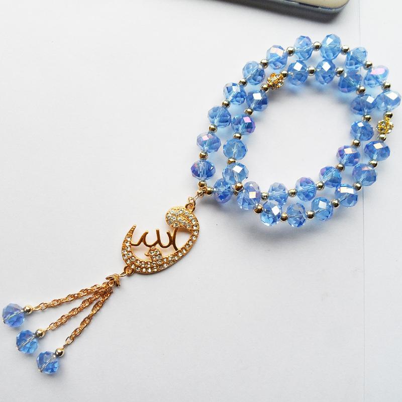 

Charm Bracelets 2022 Classic 2R Rope Chain Sky Blue Crystal Muslim Bracelet With Elastic Plated Gold Alloy Link Pendant