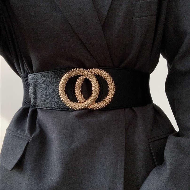 

New Wide Waistbands For Coat Women Black Elastic Cummerbunds Dress Alloy Gold Big Circle Buckle Belts Fashion Girl Waist Seal Y081205S