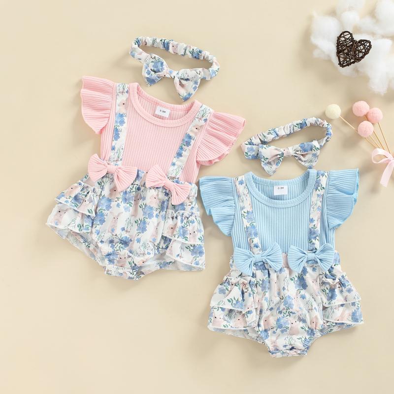 

Rompers Infant Baby Girls Romper And Headband Sleeves Patchwork Flower Print Jumpsuit For Blue/ PinkRompers RompersRompers
