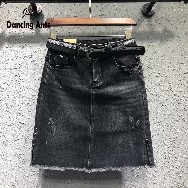 

Plus-Size Women' Spring Summer Jeans Skirts Harajuku High Waist Ripped Office Lady Female Cotton Denim A-line 2022, Black