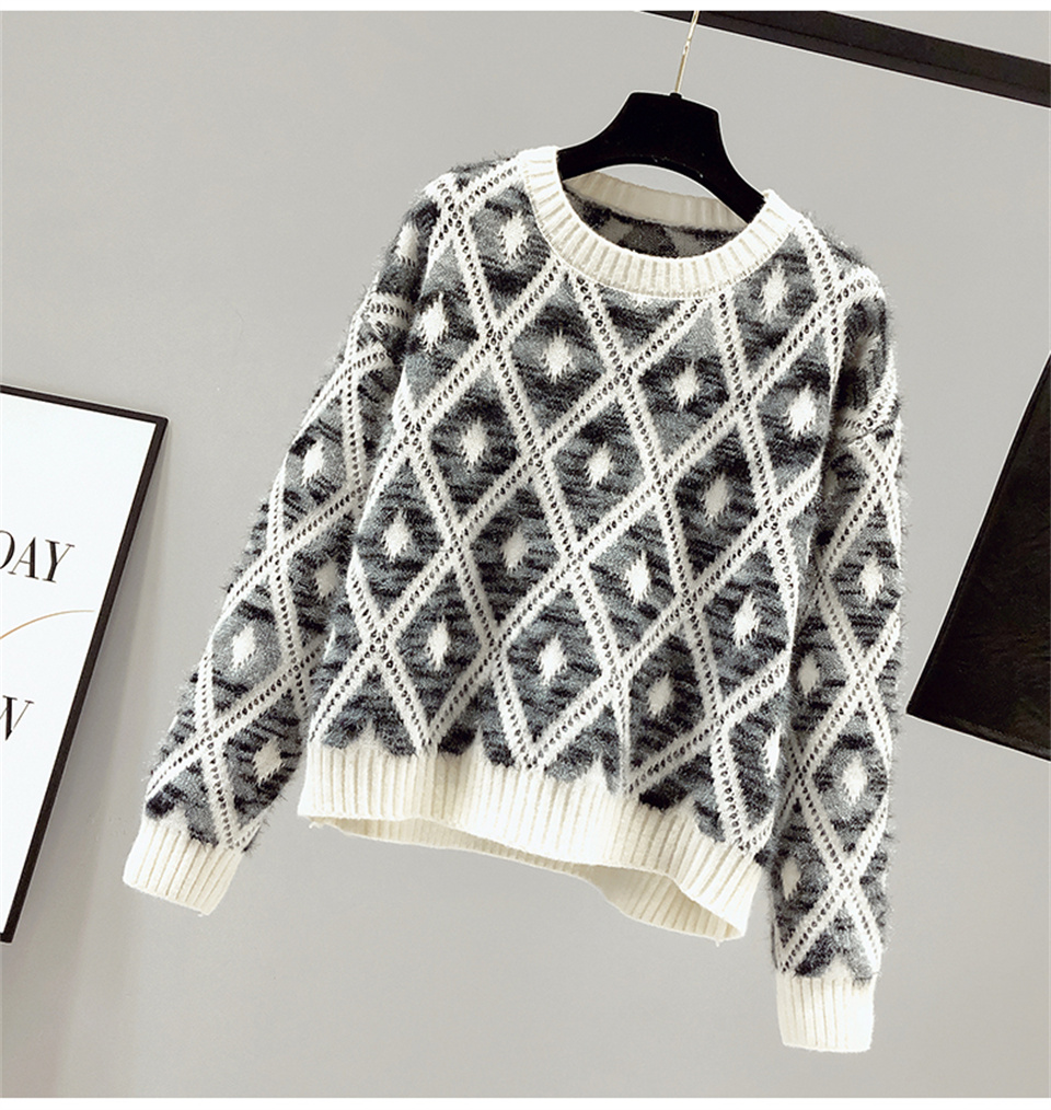 

Autumn Winter Thin Knitted Sweater Women Retro Embroidery Knit Pullovers Sweaters Korean All-match Slim Pullovers Top, Ivory