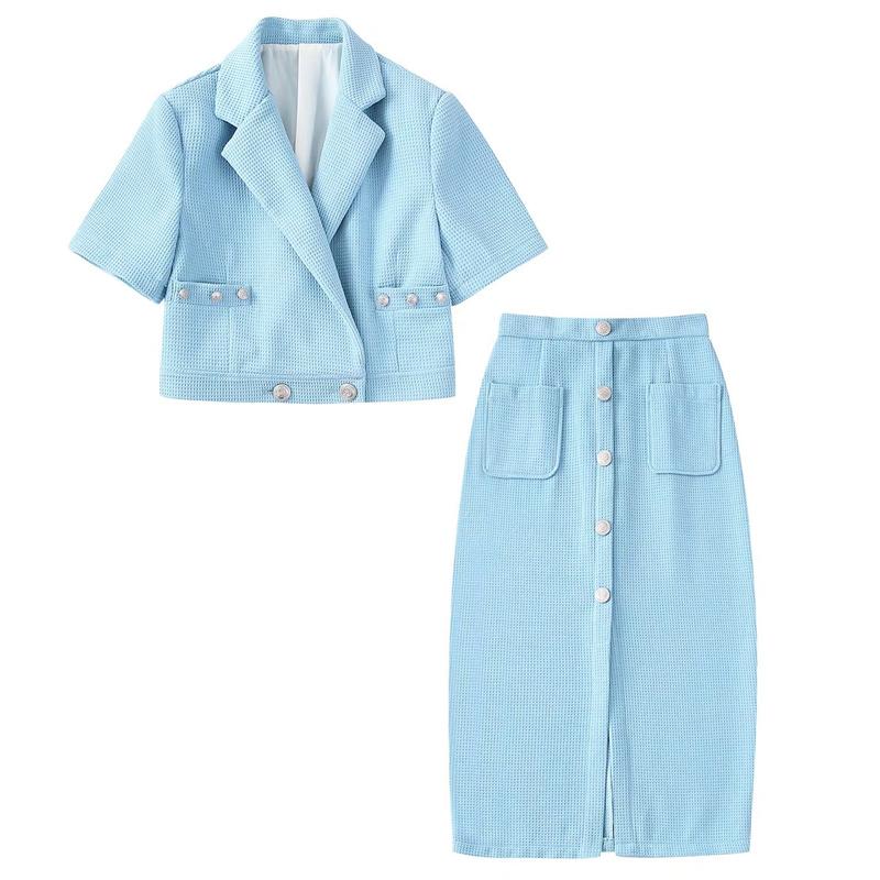 

Two Piece Dress Woman Elegant Light Blue Slim Tweed Blazer Suit 2022 Spring France High Wisted Midi Skirt Suits Ladies Sweet Matching SetsTw