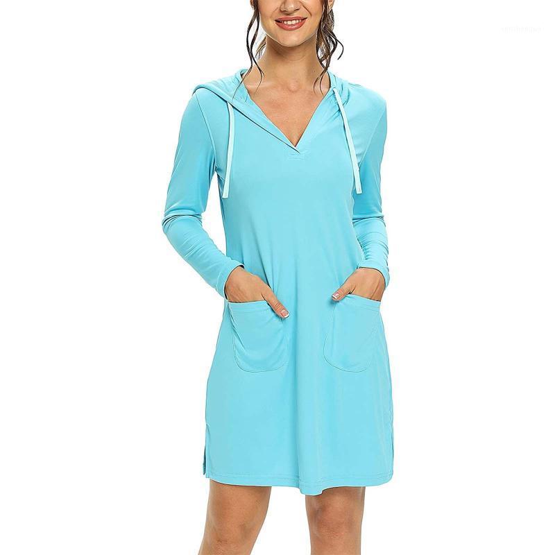 

Casual Dresses Fashion Womens Hooded Dress Solid Straight Long Sleeve Spring Summer Mini Pockets Sweatshirt Streetwear, Sky blue