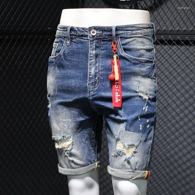 

Men's Jeans Fashion Hole Ripped Denim Shorts Men High Street Summer Zipper Slim Knee-Length Pants Quality Vintage Washed Beach ShortsMen's B, Blue