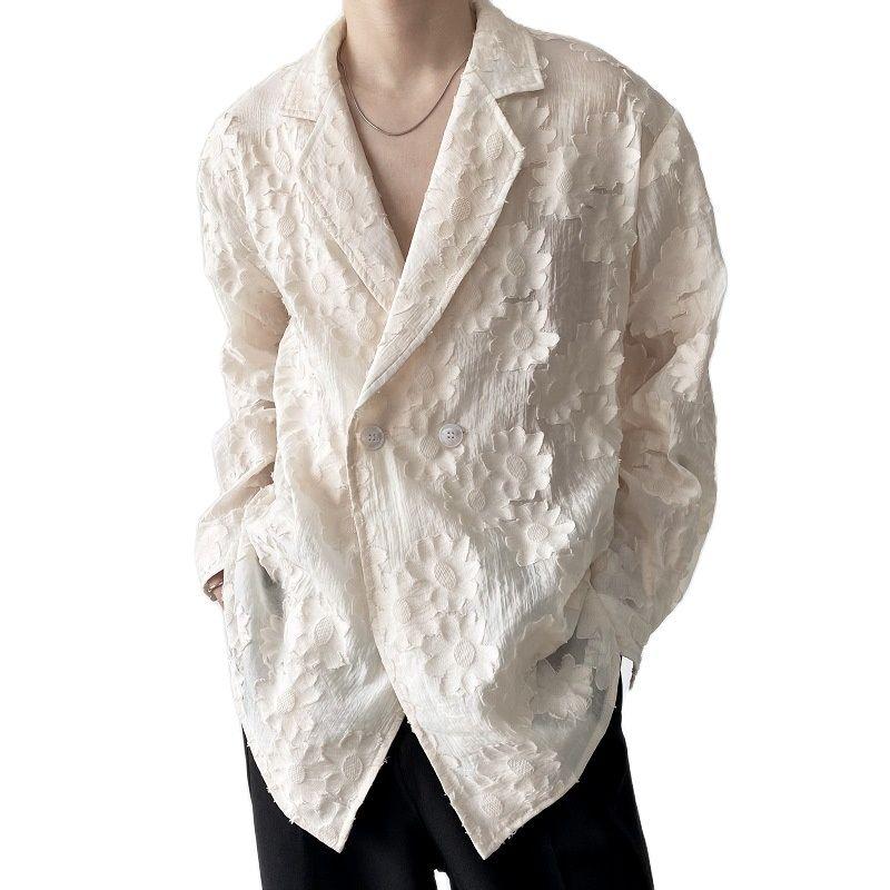 

Men's Casual Shirts Nude Shirt Neutral Flower Embroidery Loose Long Sleeve Lapel Men's And Women's Button Up Temperament Jacquard To, Apricot