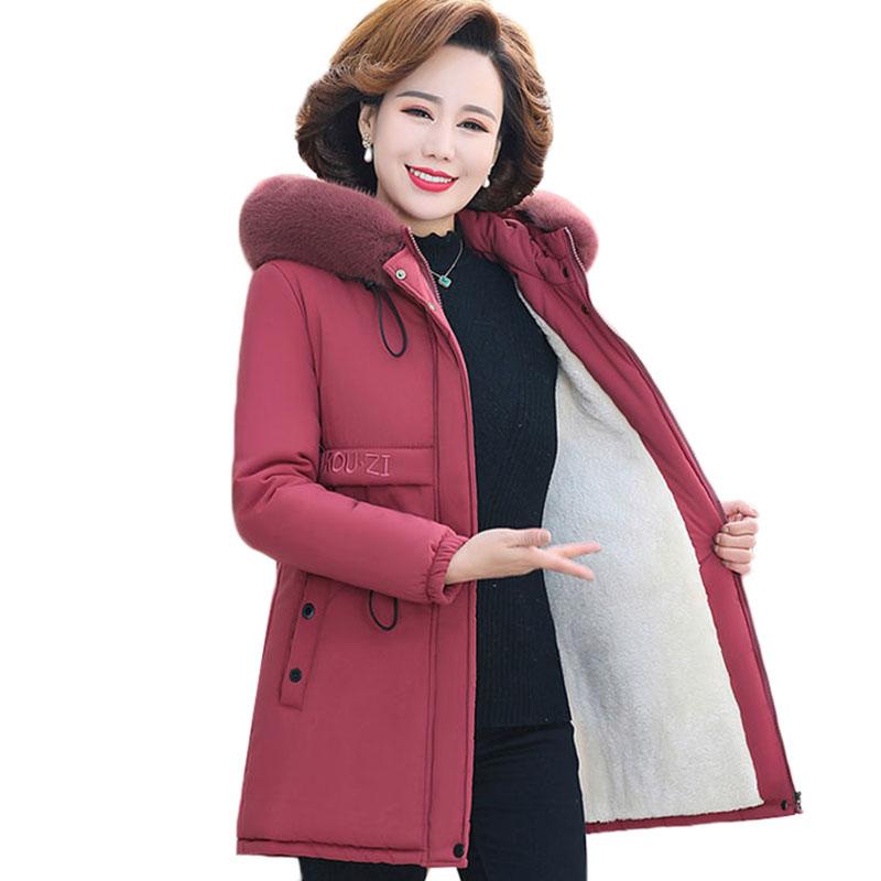 

Women's Trench Coats Middle-aged Women Winter Jackets Velvet Warm Padded Cotton Jacket Parker Female Mid-length Hooded Coat Overcoat -5XLW, Red wine