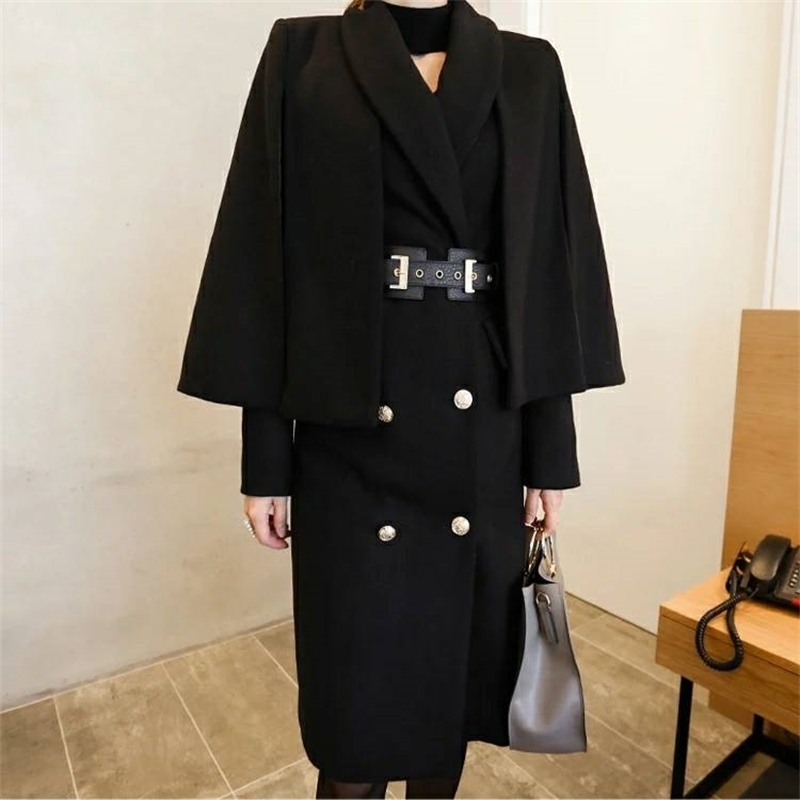 

Winter Korean TwoPiece Set Womens Cape Cloak Coat Elegant Office OL Notched DoubleBreasted Dresses Suit 210526, Photo color