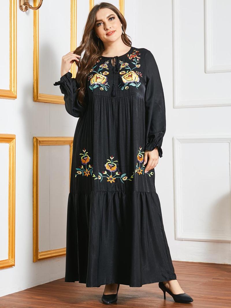 

Casual Dresses Aligaia Fashion Plus Size Printing Dress For Women 2022 Summer Dubai Turkey Arabic Muslim Islam Clothing Robes, Black
