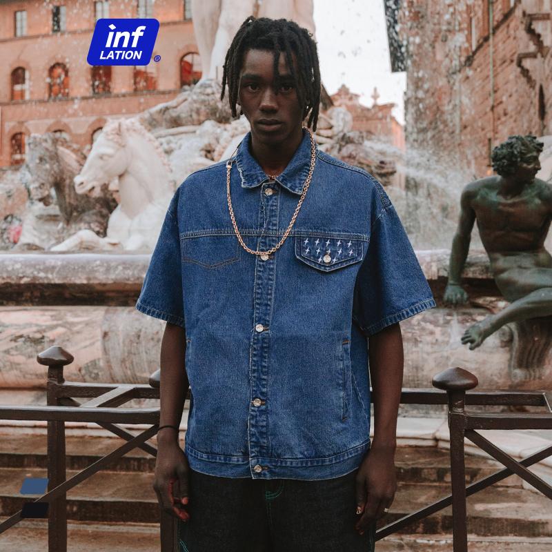 

Men's Jackets INFLATION Vintage Distressed Denim Coat Men Hip Hop Blue Cowboy Jacket Male Streetwear Short Sleeve Jeans, Black;brown