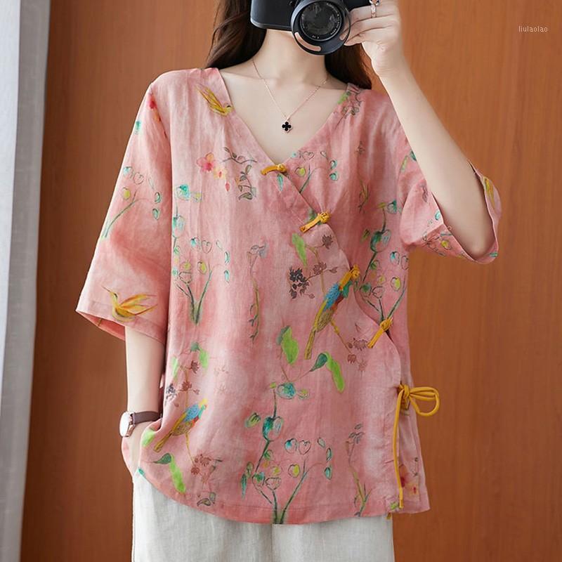 

Arrival Summer Arts Style Women Loose Casual Half Sleeve Blouse Button V-neck Vintga Print Design Cotton Linen Shirt A177 Women's Blouses &, Pink