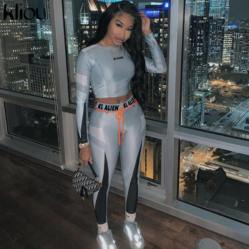

kliou High elastic letter print Fitness tracksuit woman 2 piece set skinny Long sleeves crop Top slim Leggings Sportswear Suit Y200110, Blue