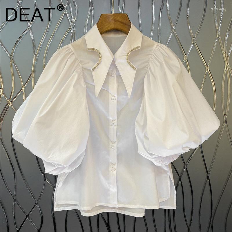 

Women' Blouses & Shirts White Short Blouse For Women Lapel Puff Sleeve Patchwork Diamond Casual Shirt Female Fashion Clothing 2022Women' C, Blue
