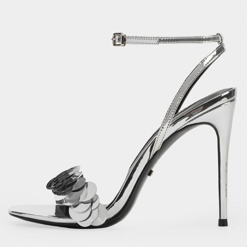 

Sandals Silver Leather Women Bling Ankle Strap Prom Party Summer WeddingShoe Thin High Heels Office Work Pumps Sapatos Femininos, 7.5cm heels