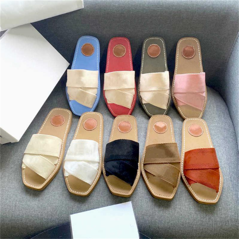 

Branded Women Woody Mules Flat Slipper Deisgner Canvas Print Lady Lettering Fabric Outdoor Leather Sole Slide Sandal Flip Flops With