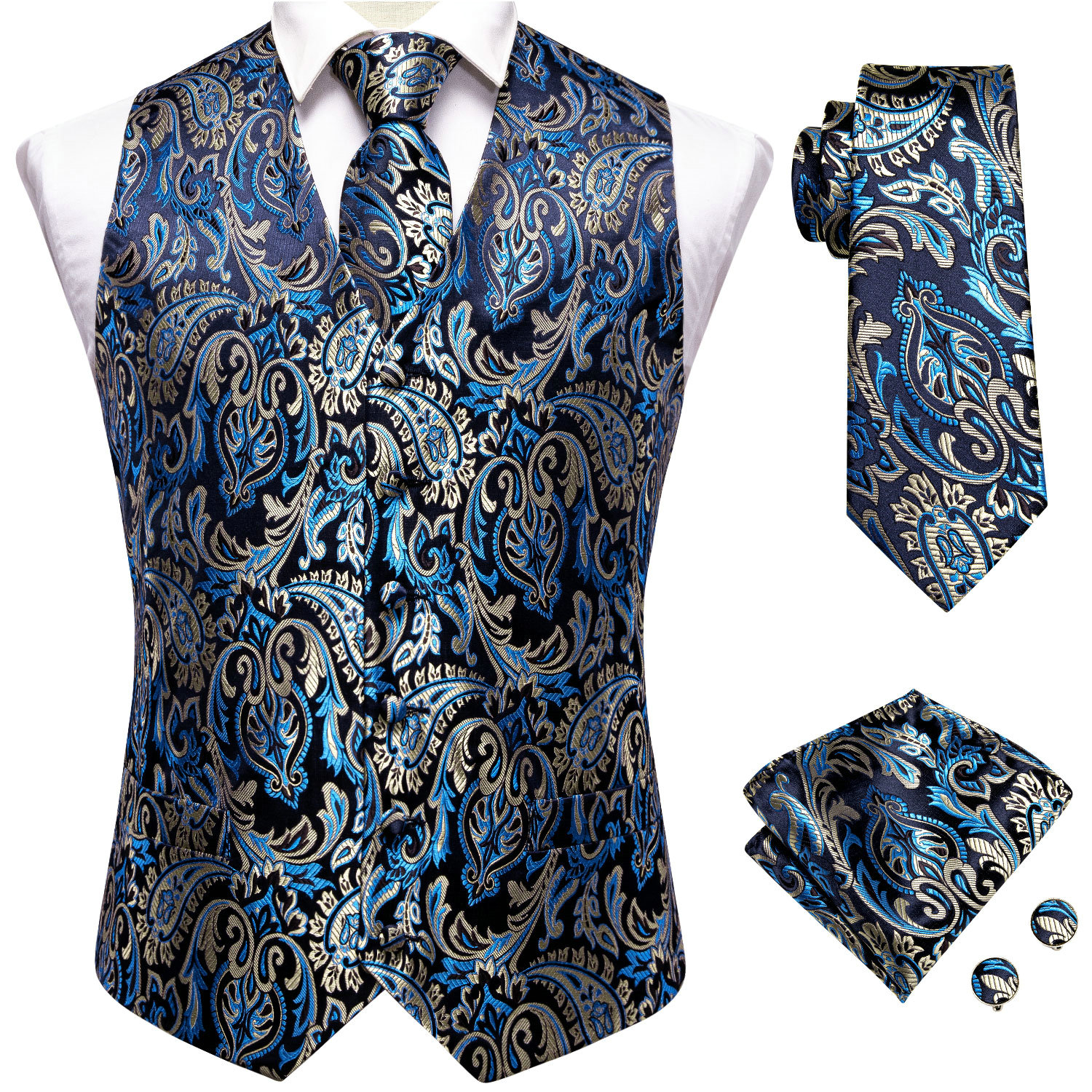 

Hi-Tie Mens Tuxedo Waistcoat Black&Blue Paisley Formal Suit Vest Necktie Handkerchief Cufflinks Set for Wedding Business