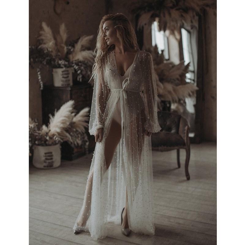 

Women's Sleepwear Tulle Pearl Woman Night Robe Full Sleeve See Through Dress, White