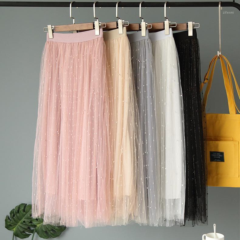 

Skirts 2022 Spring Summer Clothes For Woman Gauze Skirt Double Nail Bead Sweet Fairy Bitter Girl Korean Tulle Black Pink, Beige