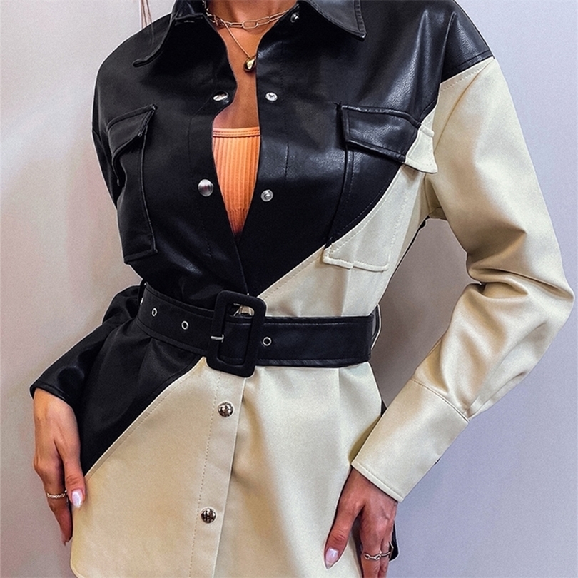 Ailegogo Autumn Women Two Tone Flap Pocket Buckled Belted Pu Fax Soft Leather Jacket Streetwear Female Black White Coat Outwear 220815