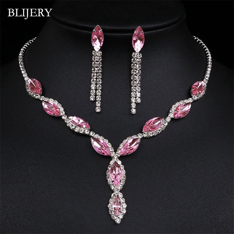 

BLIJERY Fashion Pink Crystal Prom Wedding Jewelry Sets for Women Accessories Floral Tassel Necklace Earrings Bridal Jewelry Sets 220716
